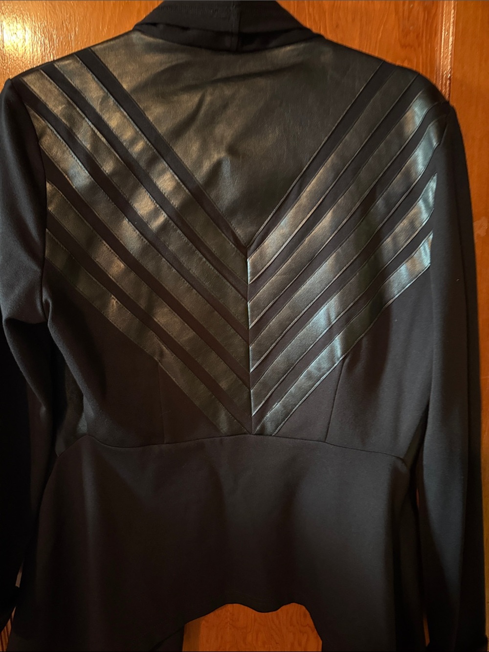 Frank Lyman Design Black Open-Front Blazer with Faux Leather Shoulders and back
